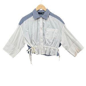 Caara Carrara Top Womens White Blue 3/4 Sleeve Drawstring Wasit Poplin Size XS